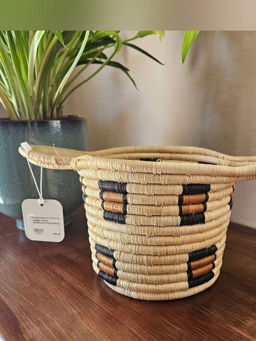 Indego AfricaDouble Handle Leopard Plant Basket Handwoven